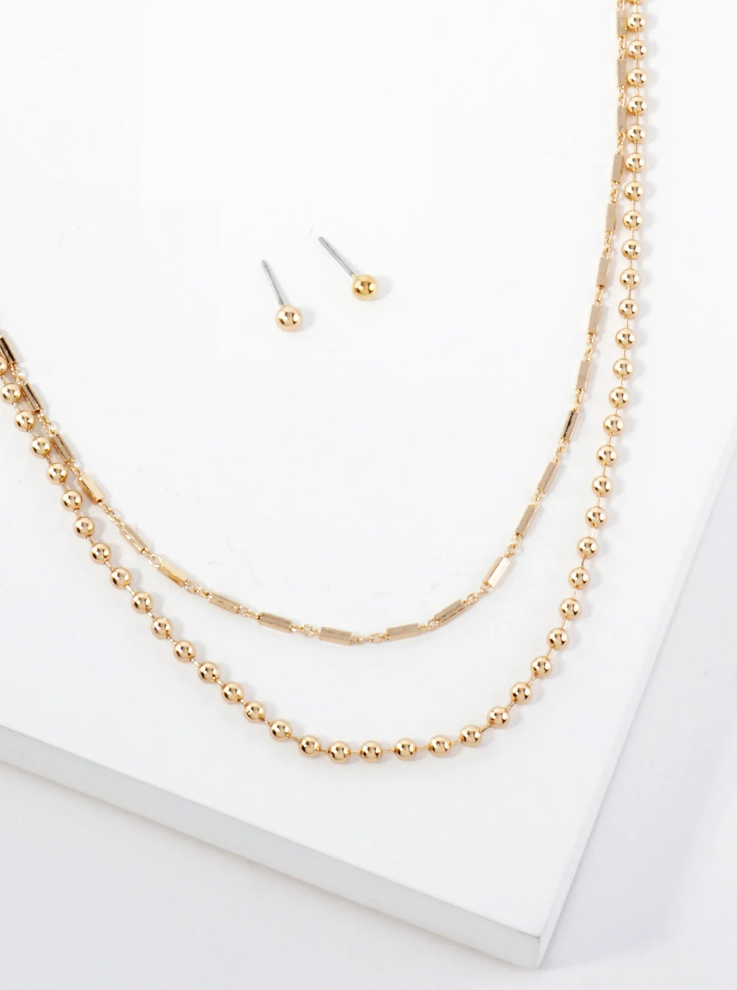 2-PC-Set Polished Brass 3mm Ball-Chain 5mm Box-Chain 27-28-inch Long Layered Necklace Set-with-Earrings