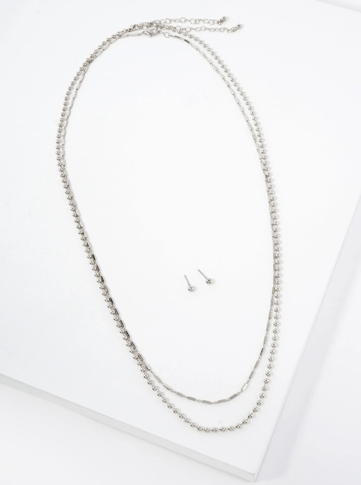 2-PC-Set Polished Brass 3mm Ball-Chain 5mm Box-Chain 27-28-inch Long Layered Necklace Set-with-Earrings