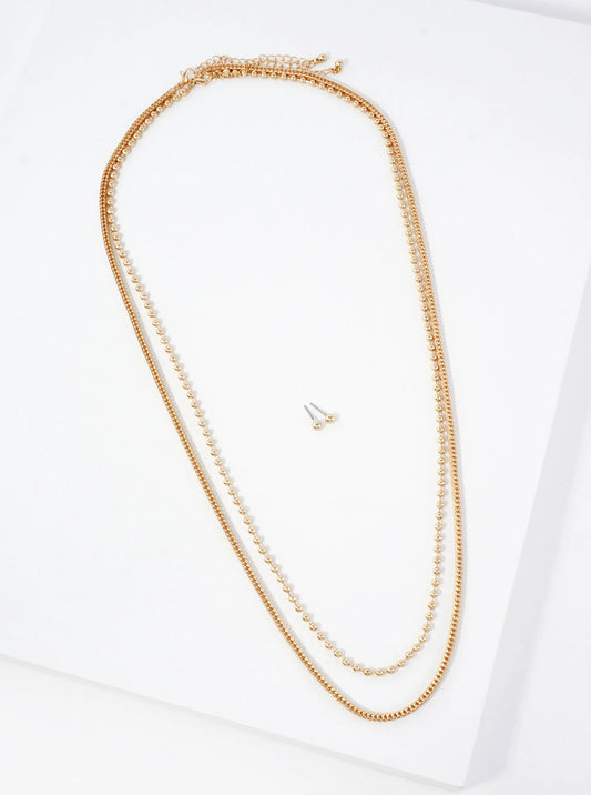 2-PC-Set Polished Metal Ball Box Chain 27-20-inch Long Necklace Set-with-Earrings