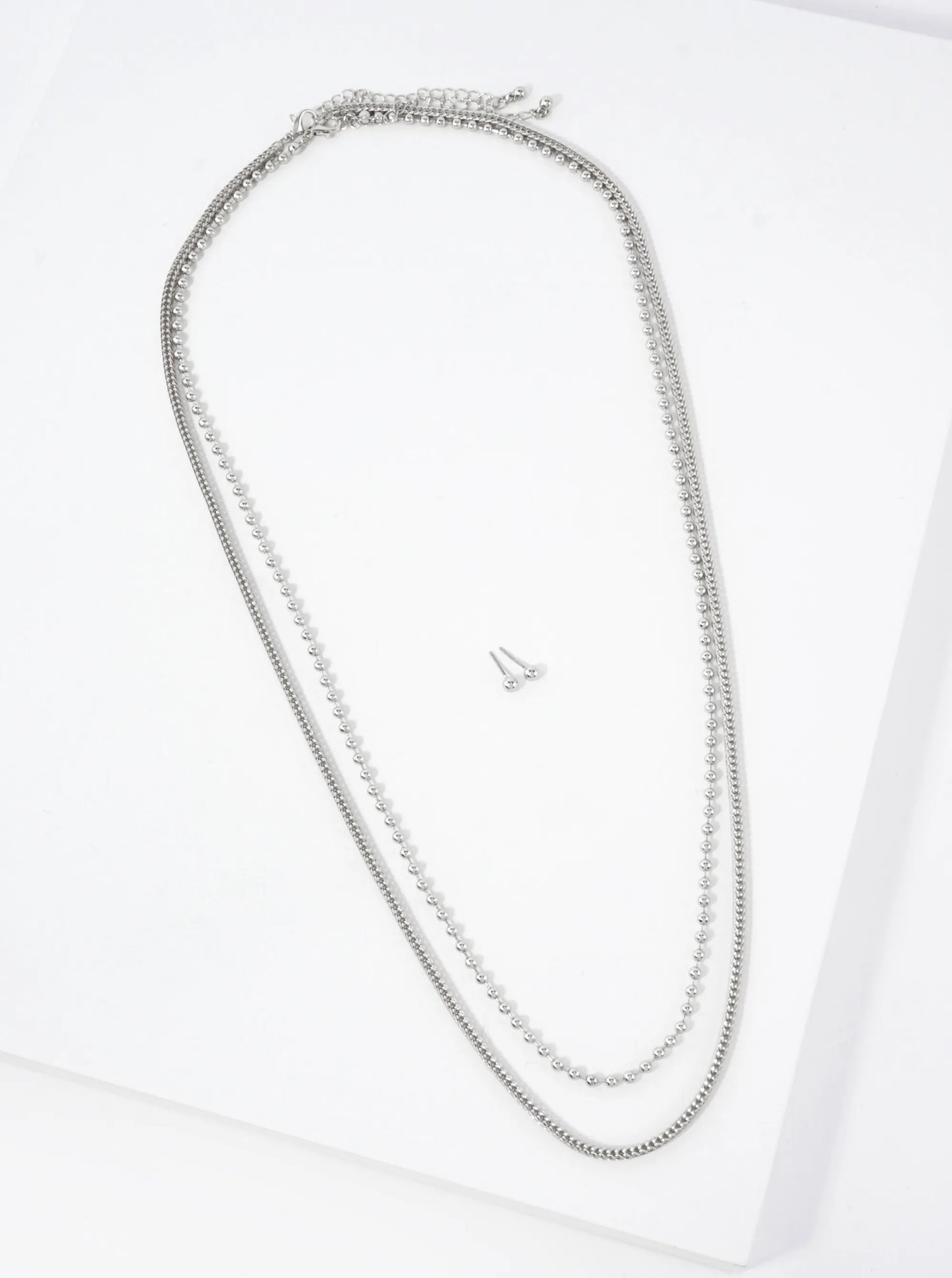 2-PC-Set Polished Metal Ball Box Chain 27-20-inch Long Necklace Set-with-Earrings