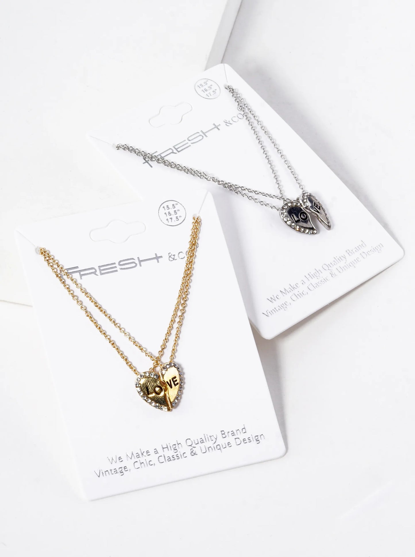 2 Pieces Set Love Engraved 13mm Two Half Heart Pendant Necklaces