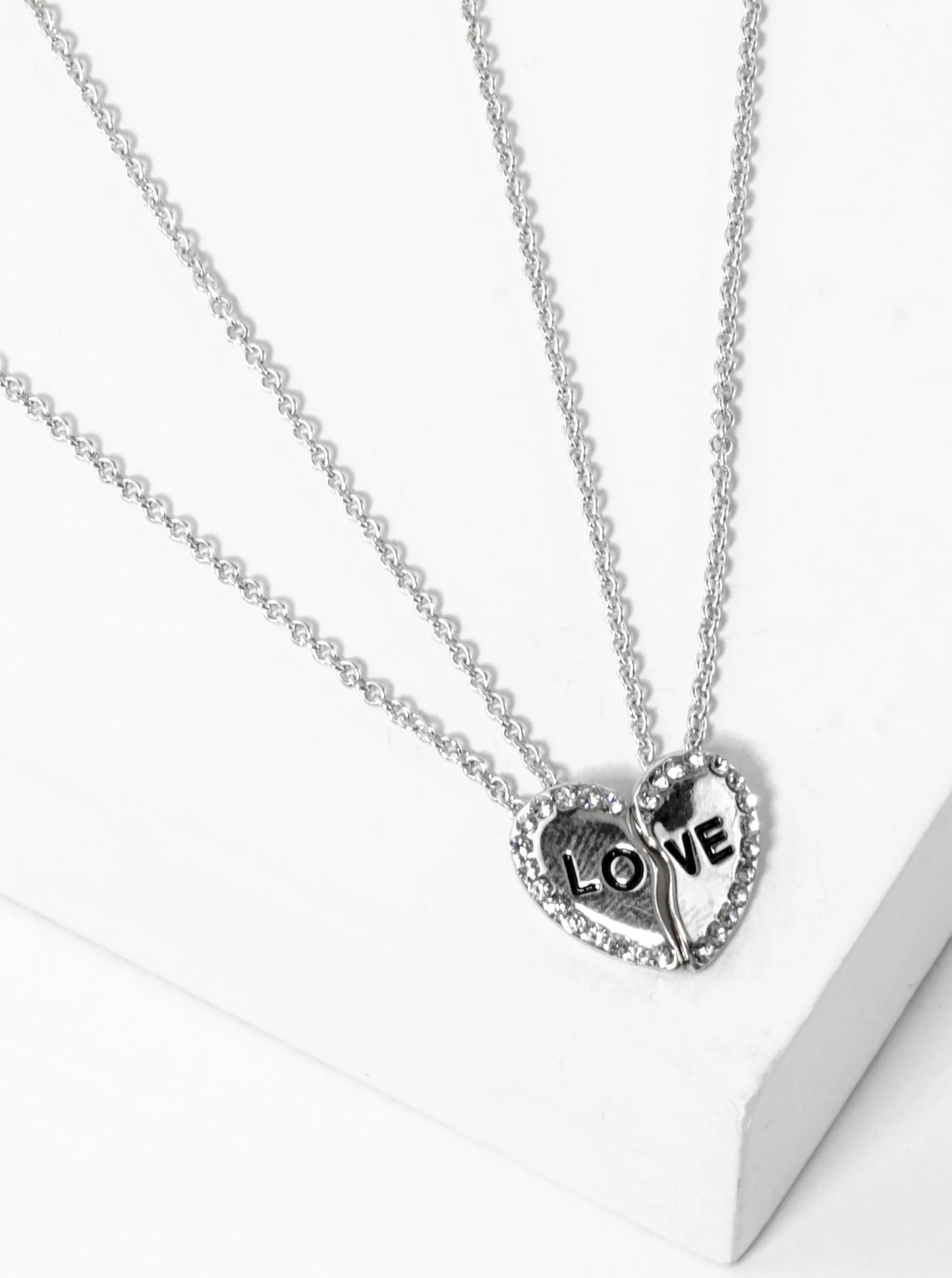 2 Pieces Set Love Engraved 13mm Two Half Heart Pendant Necklaces