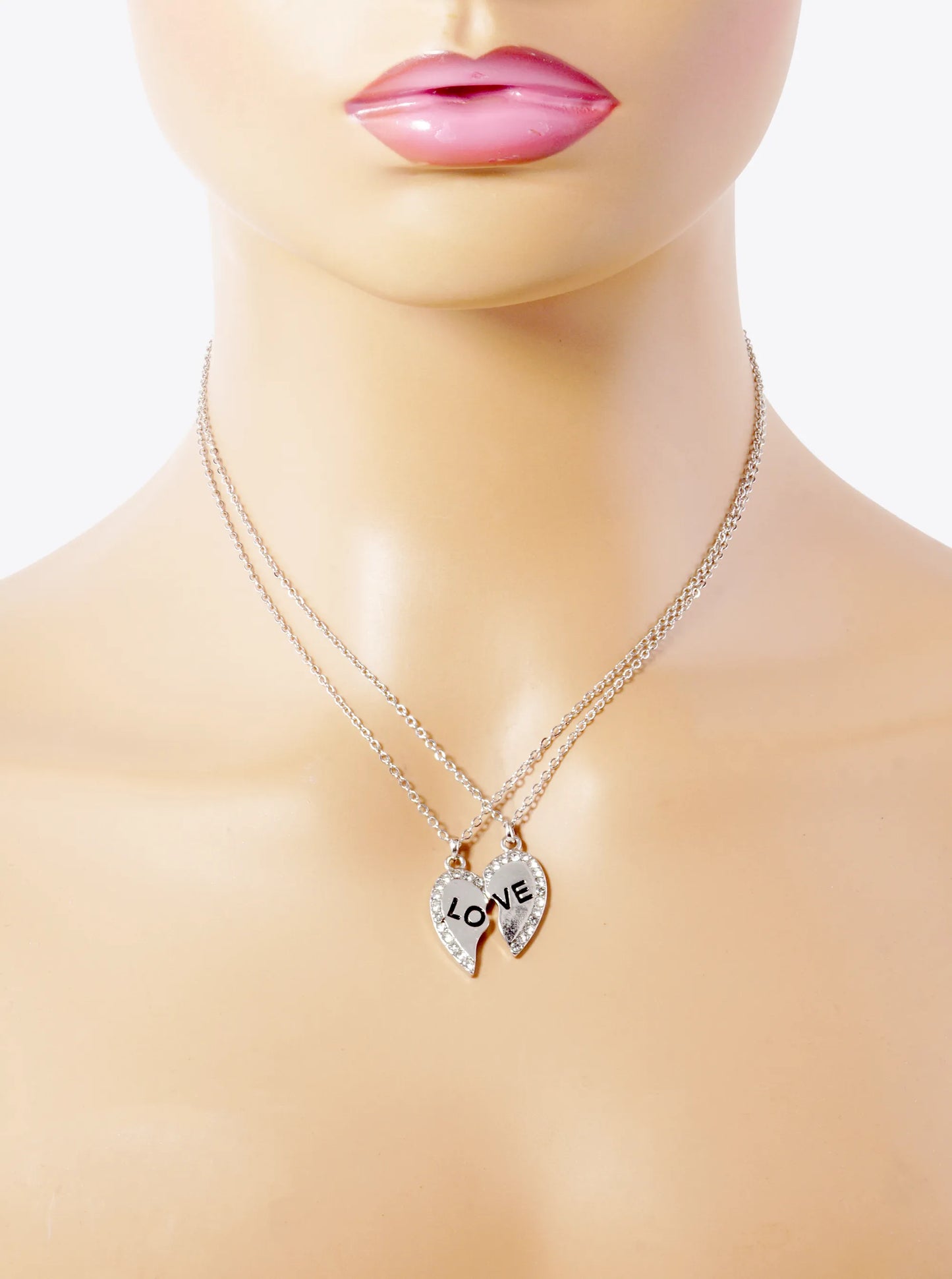 2 Pieces Set Love Engraved 20mm Two Half Heart Pendant Necklaces