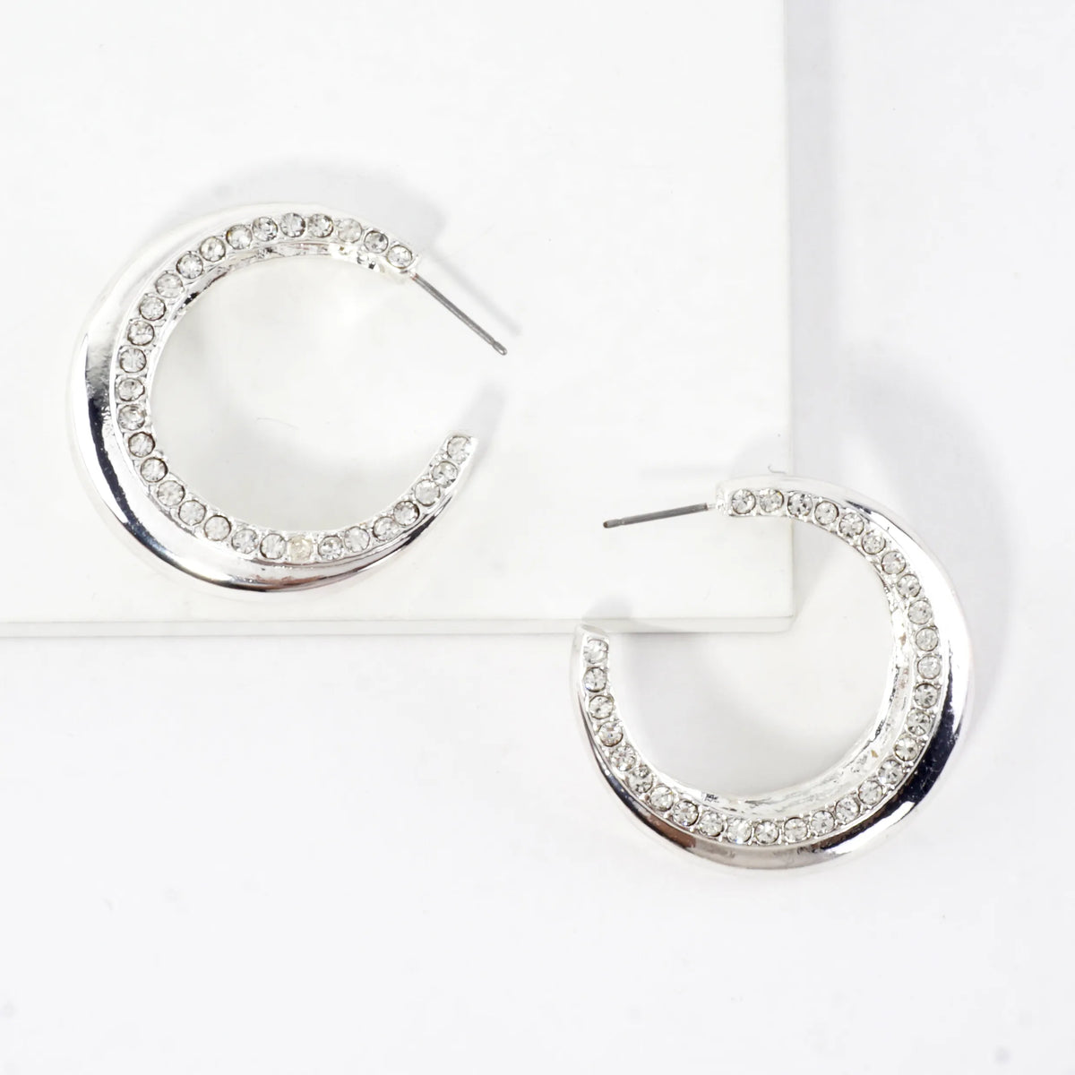 2 Side Tapered Crystal Circle Hoop Earrings