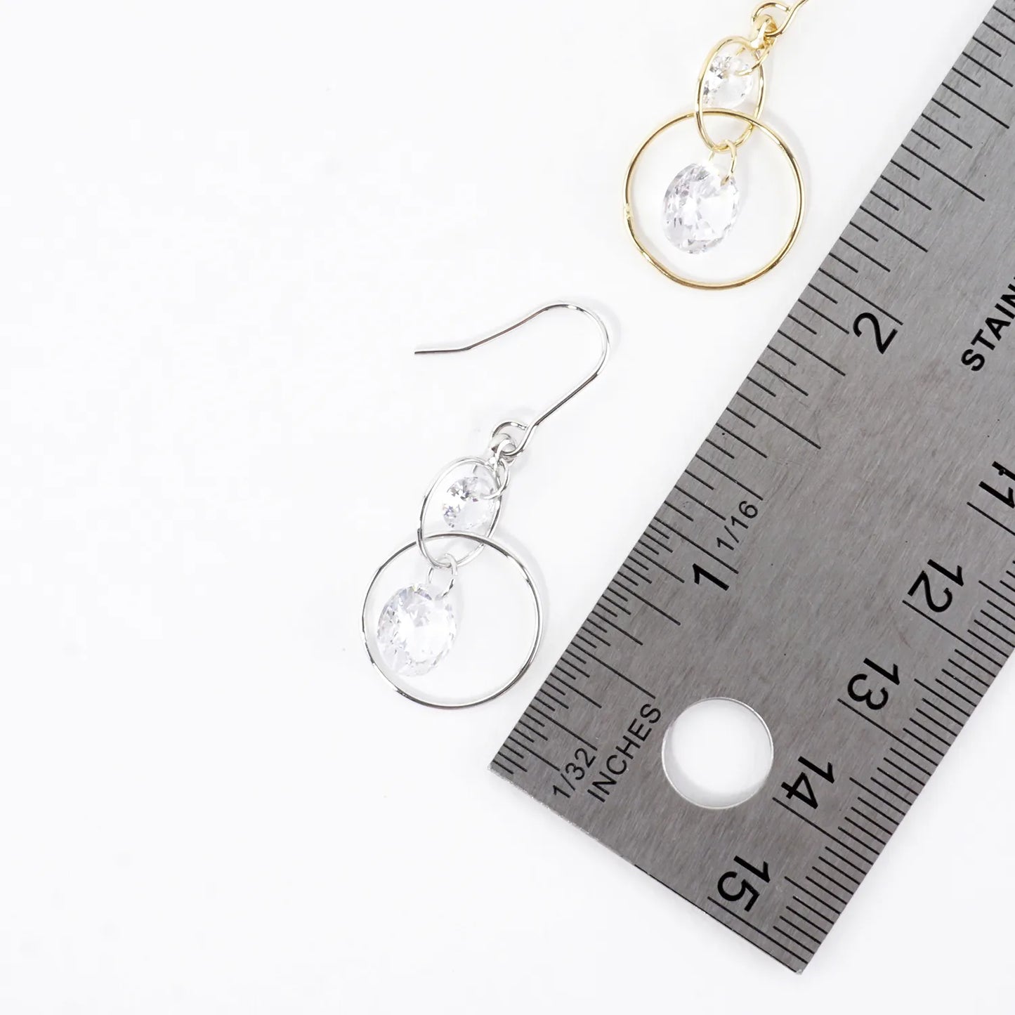 2 Tier Bare CZ Drop Brass Ring Earrings