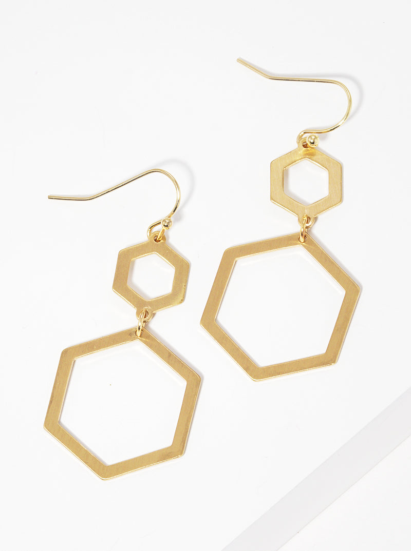 2-Tier Flat Double Hexagon Lightweight Dangle Drop Earrings