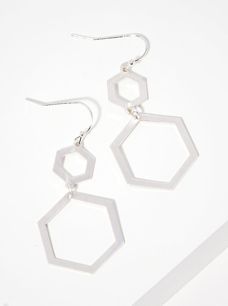 2-Tier Flat Double Hexagon Lightweight Dangle Drop Earrings