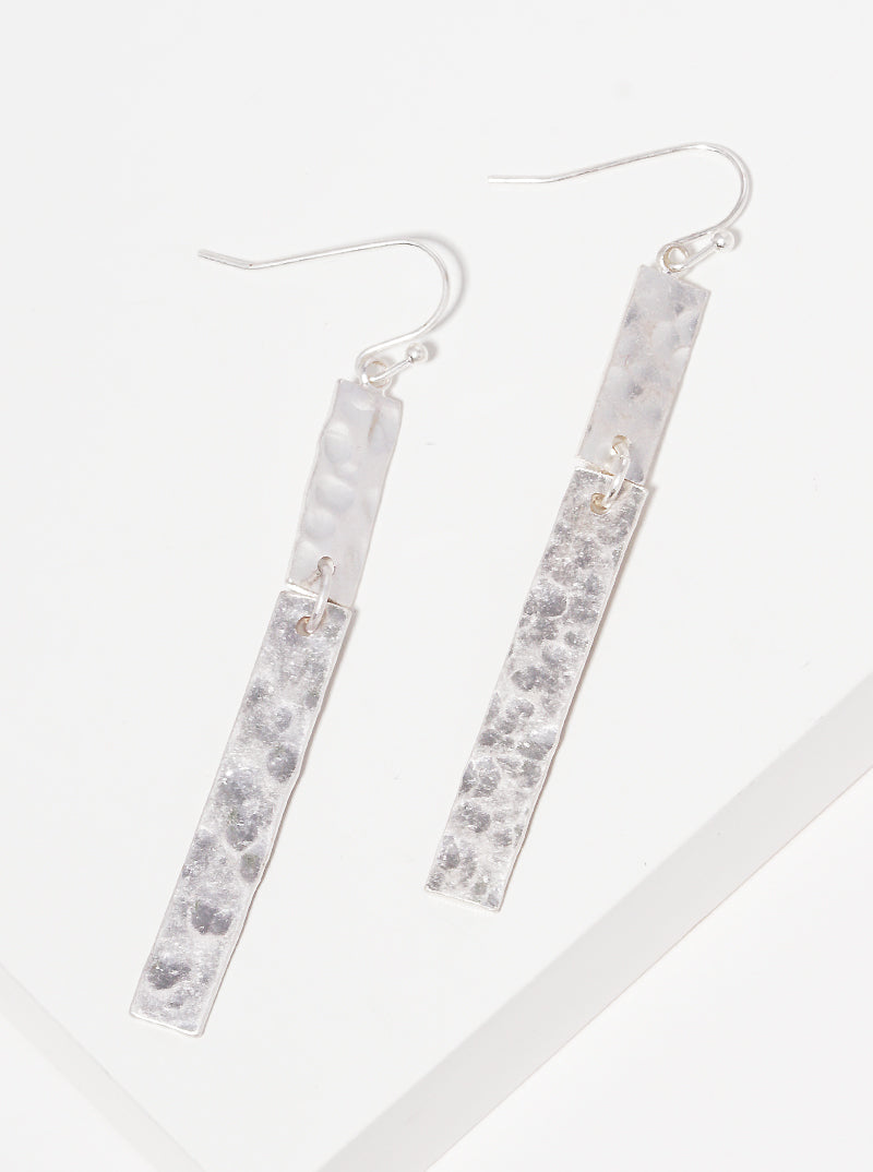 2-Tier Hammered Rectangle Bar Metal Dangle Drop Earrings