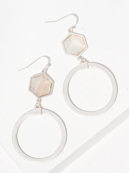 2-Tier MOP Hexagon With Cut Out Round Fish Hook Dangle Drop Earrings
