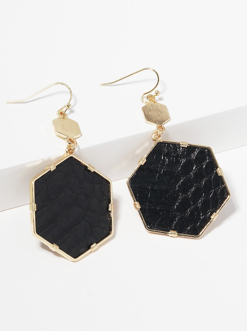 2-Tier Double Hexagon Animal Print Leatherette Dangle Drop Earrings