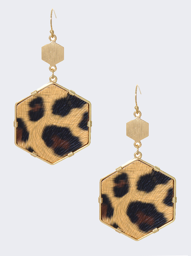 2-Tier Double Hexagon Animal Print Leatherette Dangle Drop Earrings