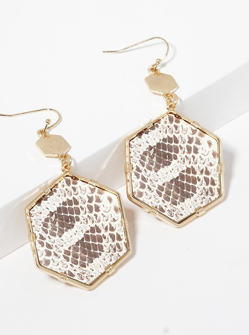 2-Tier Double Hexagon Animal Print Leatherette Dangle Drop Earrings