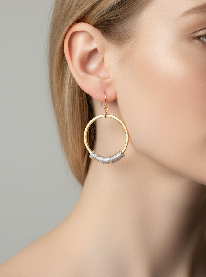 2 Tone Circle Rings Drop Earrings