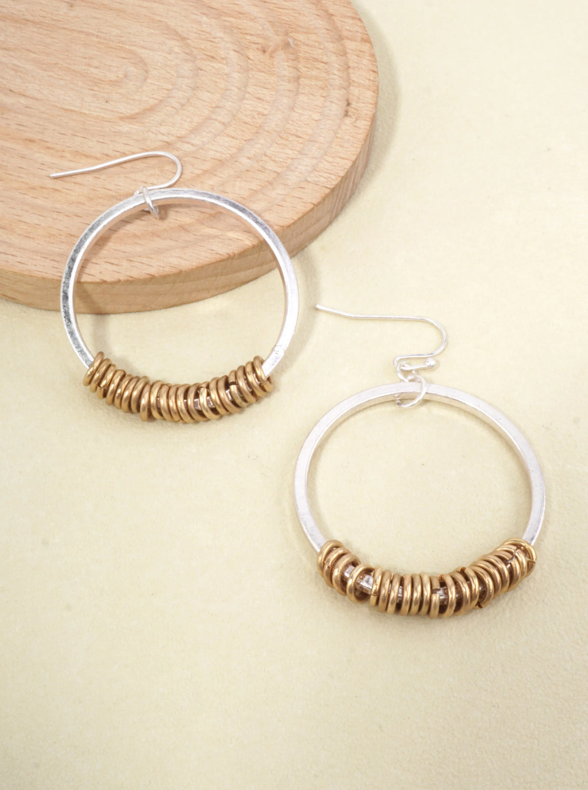 2 Tone Circle Rings Drop Earrings Worn Silver Gold
