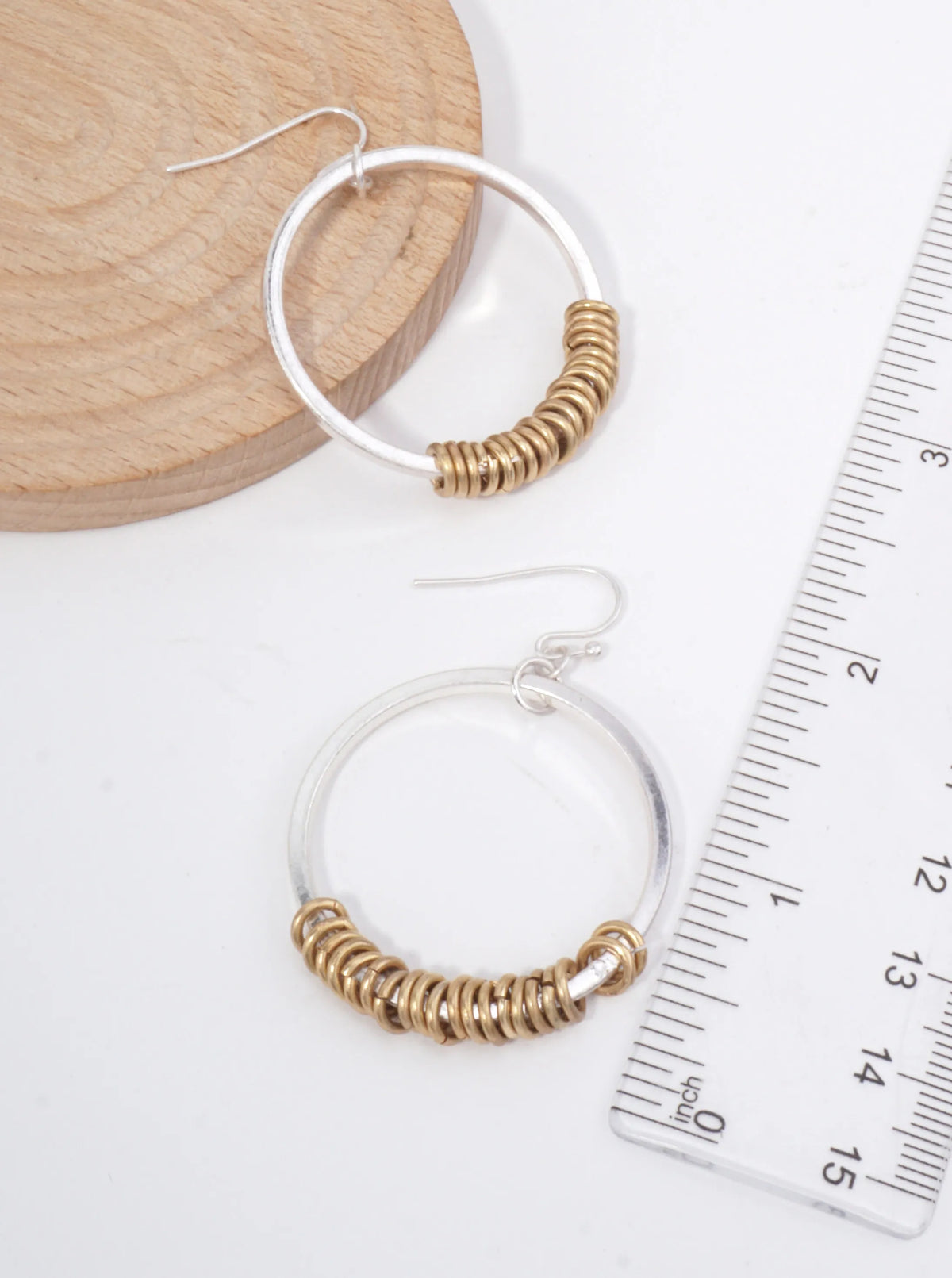 2 Tone Circle Rings Drop Earrings Worn Silver Gold
