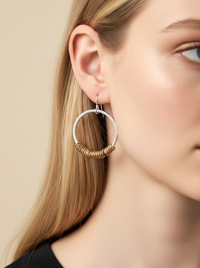 2 Tone Circle Rings Drop Earrings Worn Silver Gold