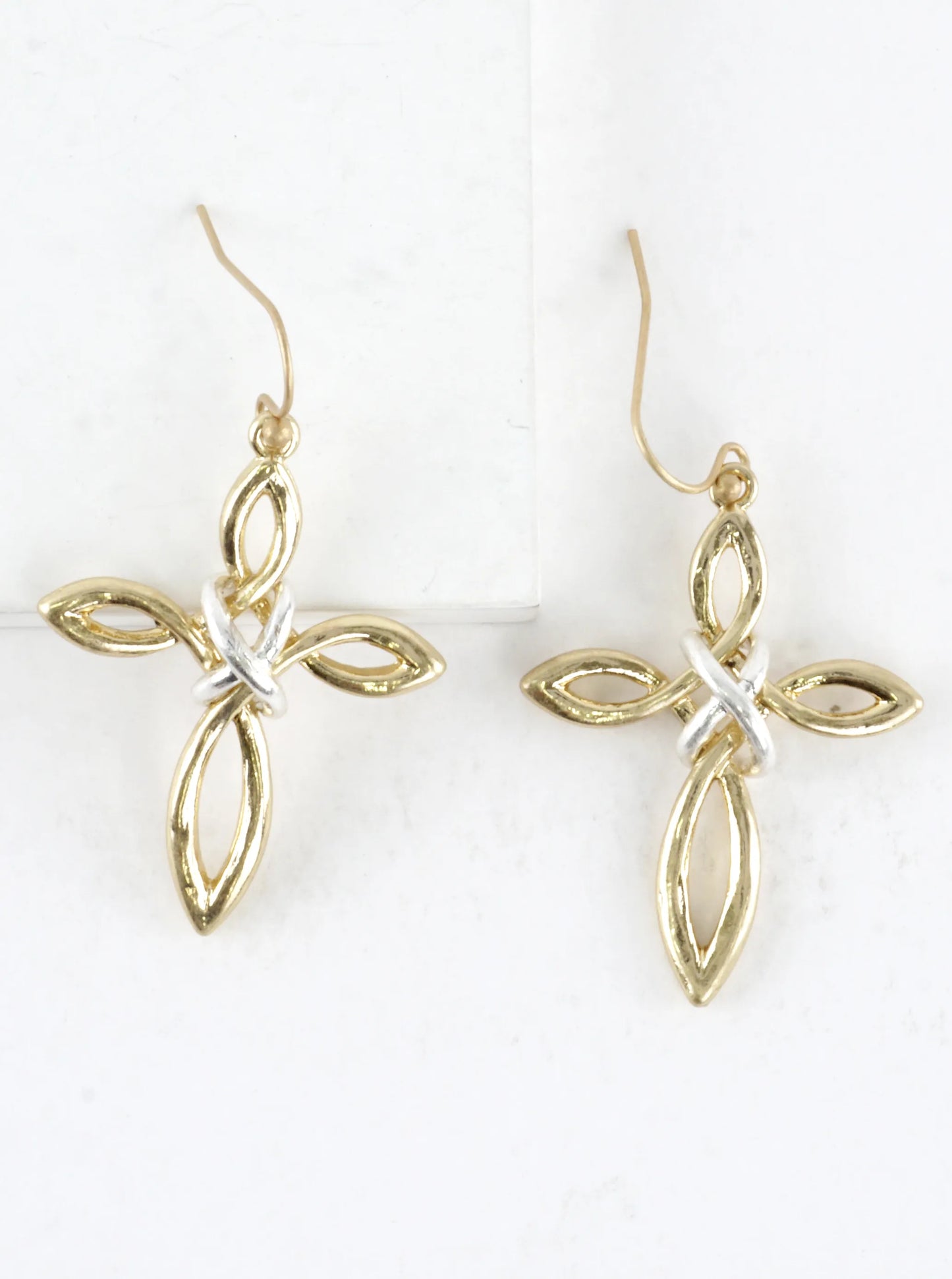 2 Tone Infinity Knot Cross Drop Earrings