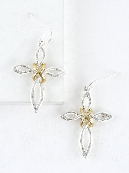 2 Tone Infinity Knot Cross Drop Earrings