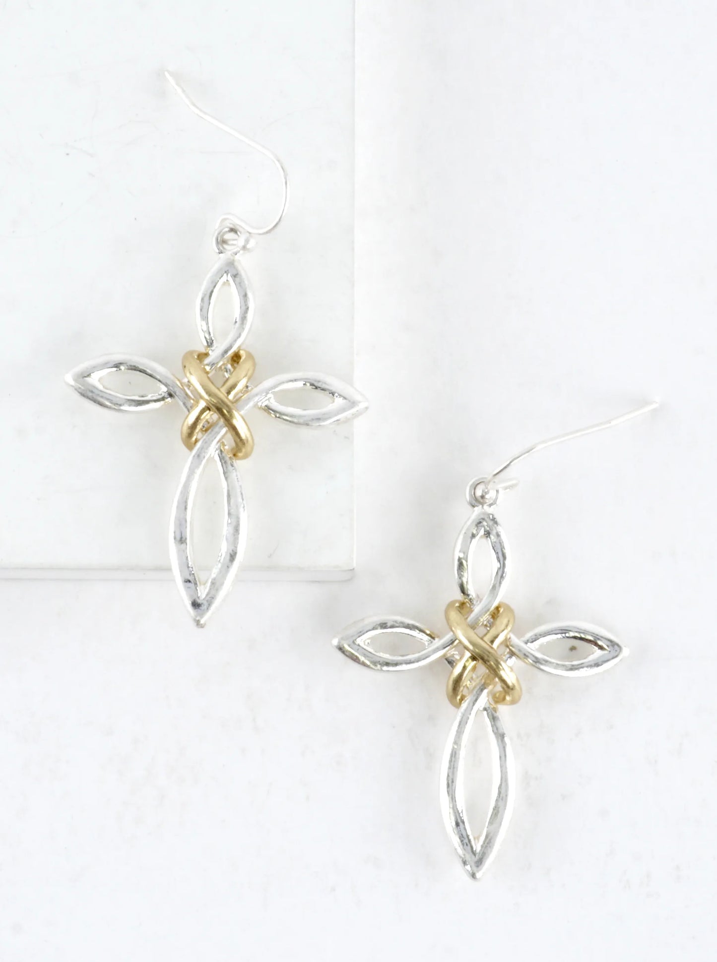 2 Tone Infinity Knot Cross Drop Earrings