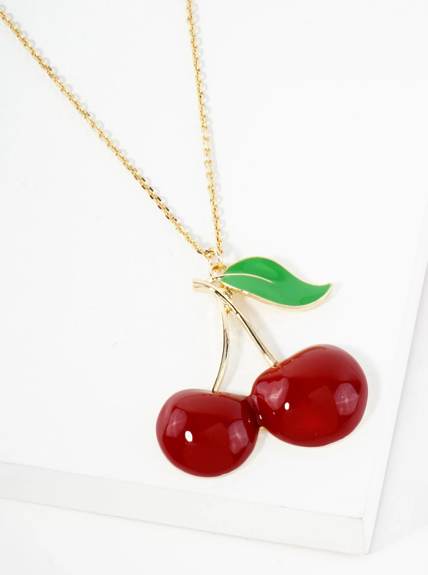 2-inch Large Enamel Cherry Pendant 18K-Gold-Dipped Necklace