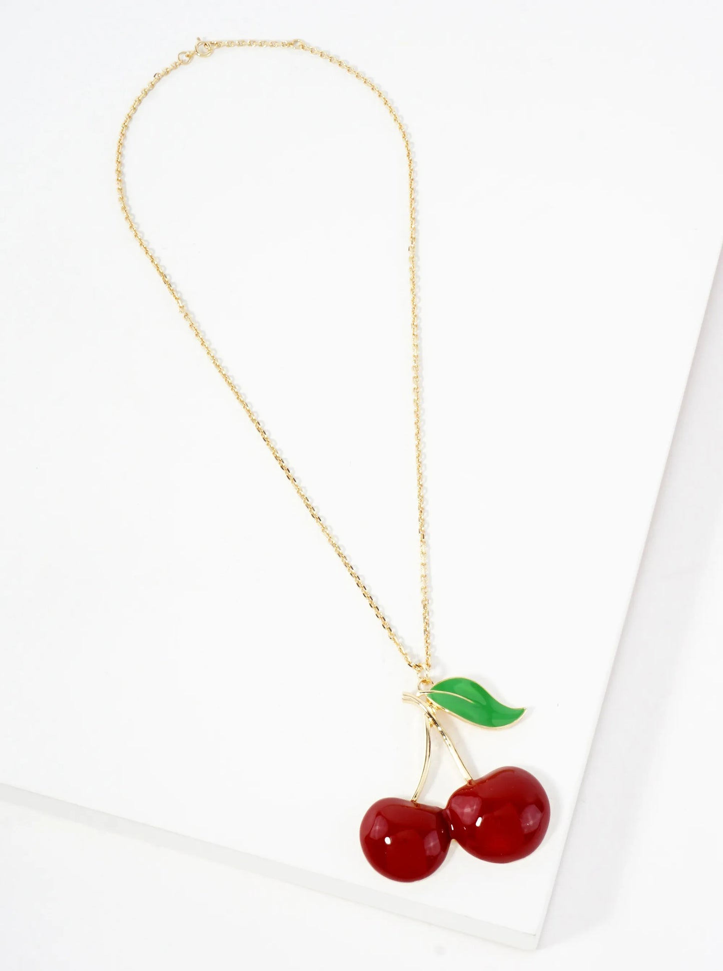 2-inch Large Enamel Cherry Pendant 18K-Gold-Dipped Necklace