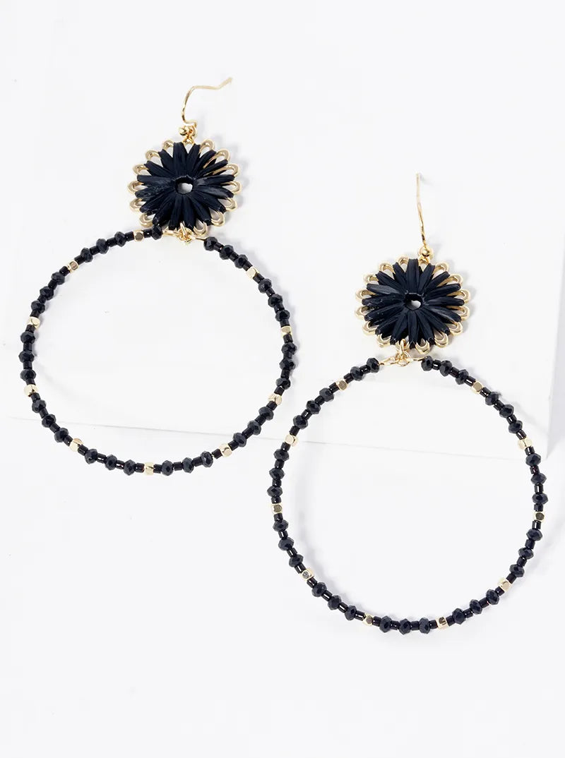 2-tier Multi Beaded Circle Raffia Wrapped Dangle Drop Earrings