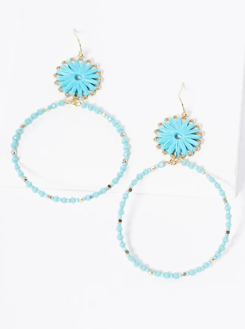 2-tier Multi Beaded Circle Raffia Wrapped Dangle Drop Earrings