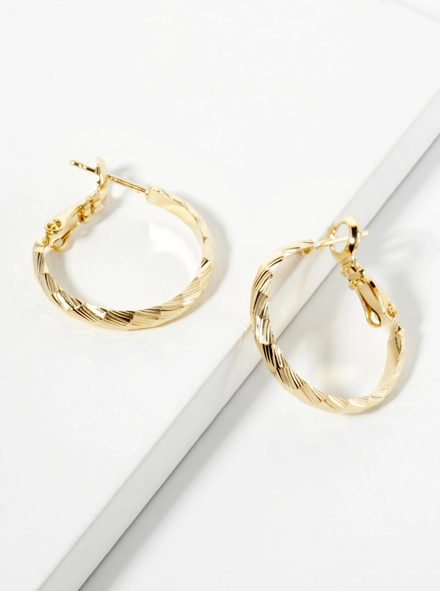 20mm 14K-Gold-Dipped Diagonal-Texture Brass Latch-Back Hoop Earrings