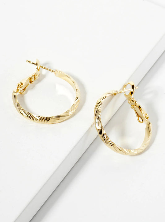 20mm 14K-Gold-Dipped Diagonal-Texture Brass Latch-Back Hoop Earrings