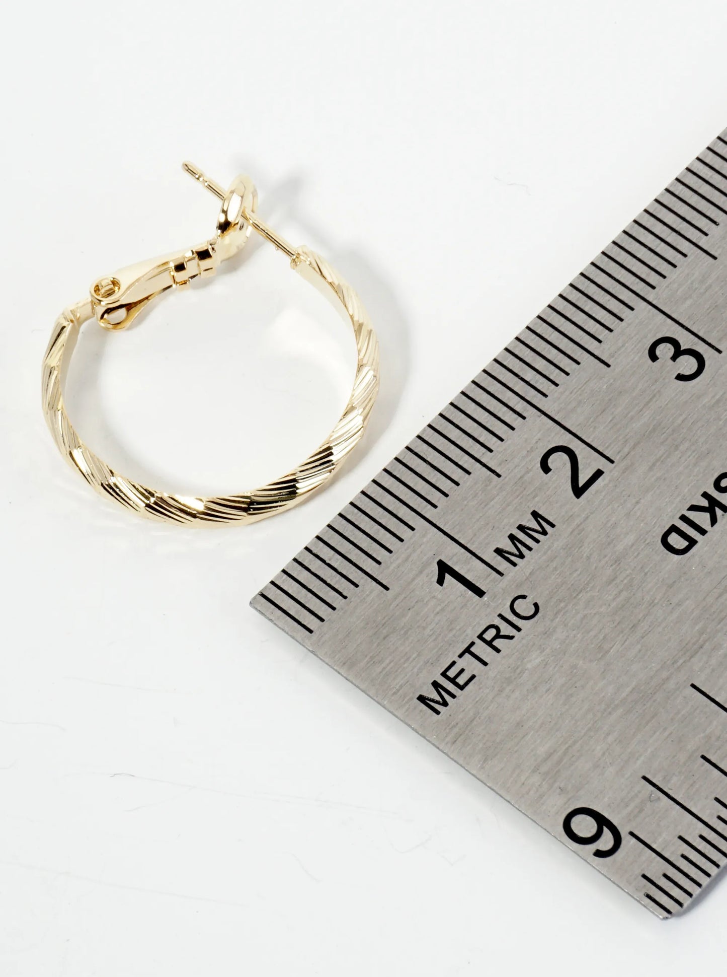 20mm 14K-Gold-Dipped Diagonal-Texture Brass Latch-Back Hoop Earrings