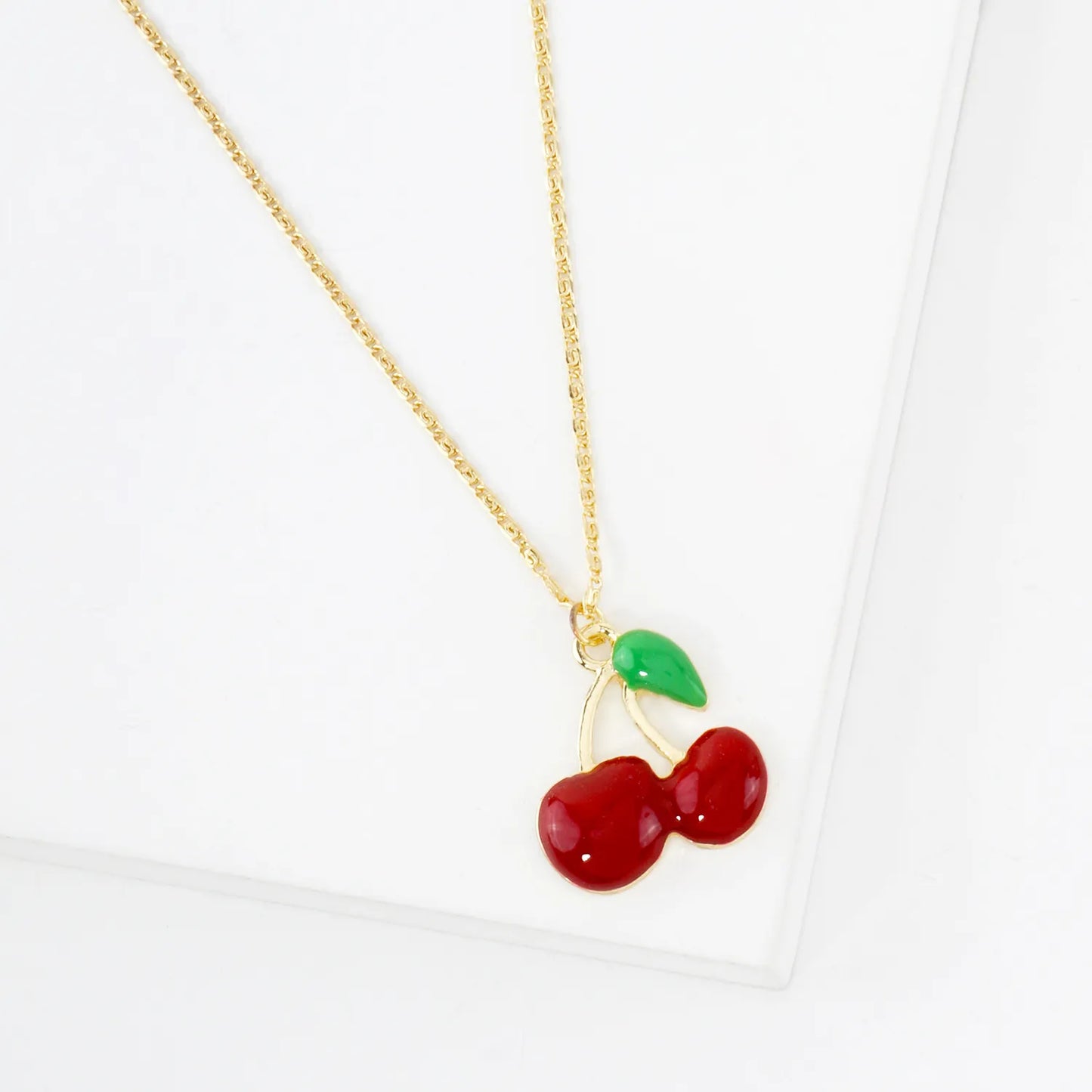 20mm Enamel Cherry Pendant 18K-Gold-Dipped Brass Necklace