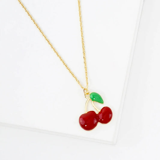 20mm Enamel Cherry Pendant 18K-Gold-Dipped Brass Necklace