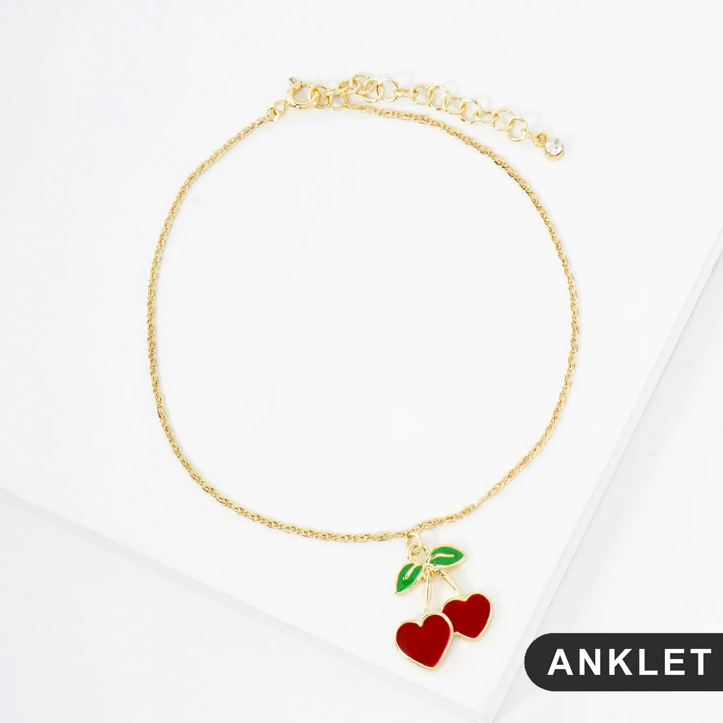 20mm Enamel Heart Cherry Charm 18K-Gold-Dipped Brass Anklet