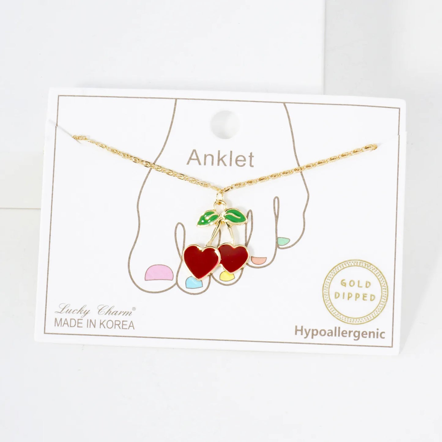 20mm Enamel Heart Cherry Charm 18K-Gold-Dipped Brass Anklet