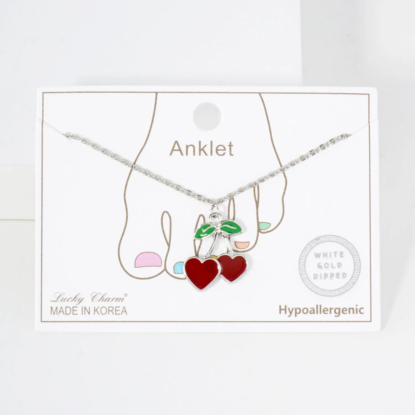 20mm Enamel Heart Cherry Charm 18K-Gold-Dipped Brass Anklet