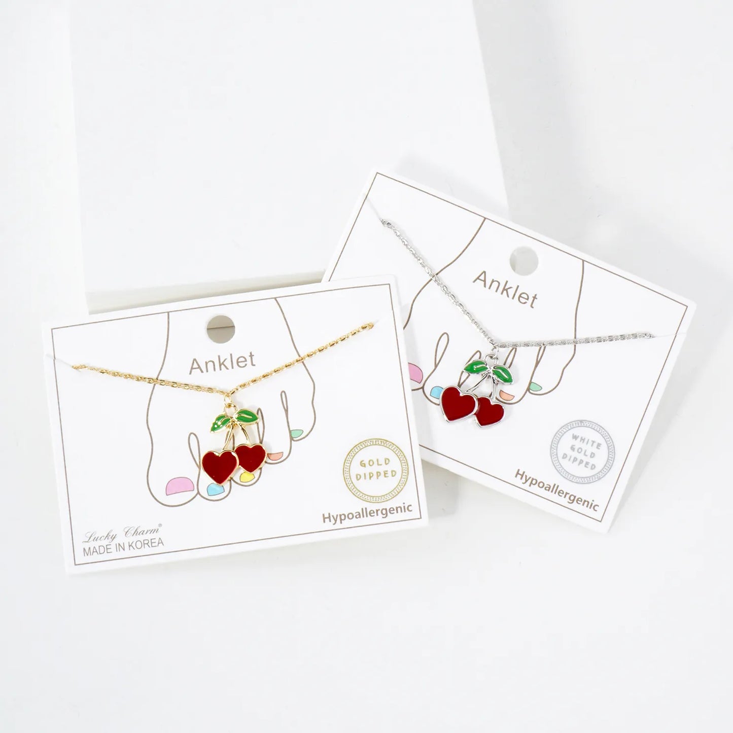 20mm Enamel Heart Cherry Charm 18K-Gold-Dipped Brass Anklet