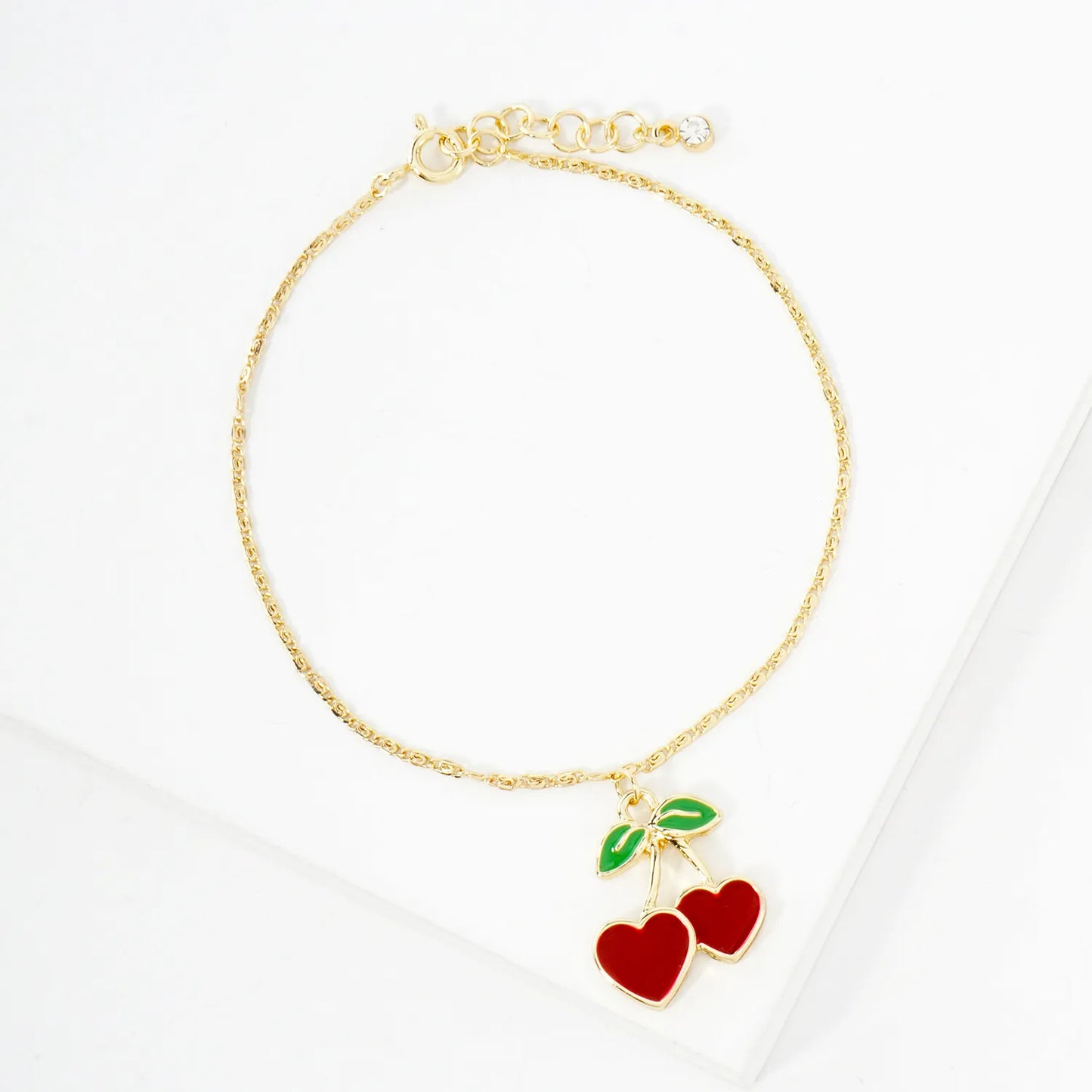 20mm Enamel Heart Cherry Charm 18K-Gold-Dipped Brass Bracelet