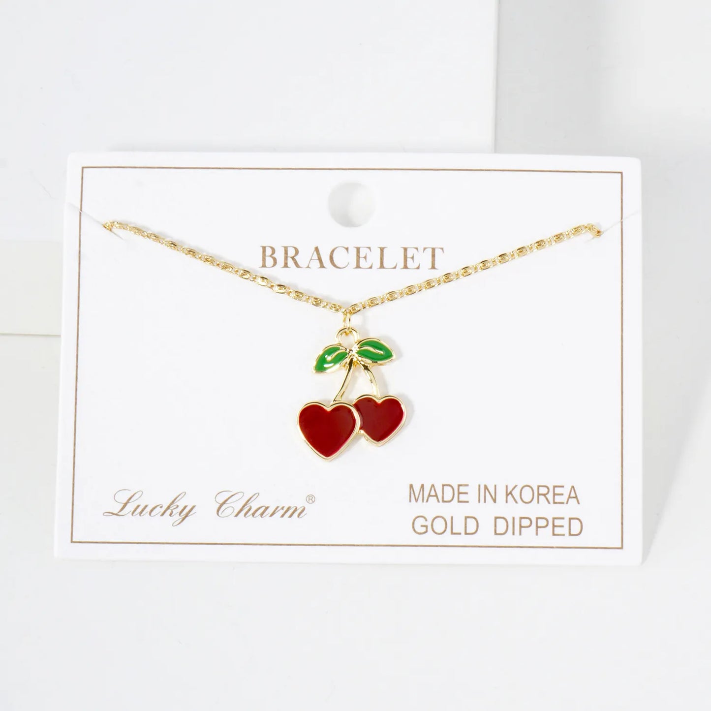 20mm Enamel Heart Cherry Charm 18K-Gold-Dipped Brass Bracelet
