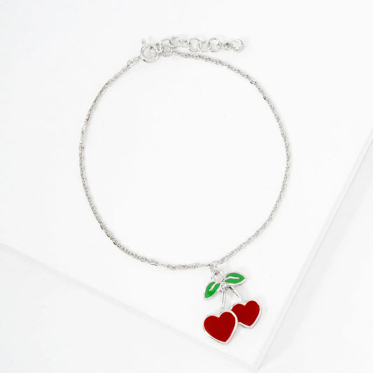 20mm Enamel Heart Cherry Charm 18K-Gold-Dipped Brass Bracelet