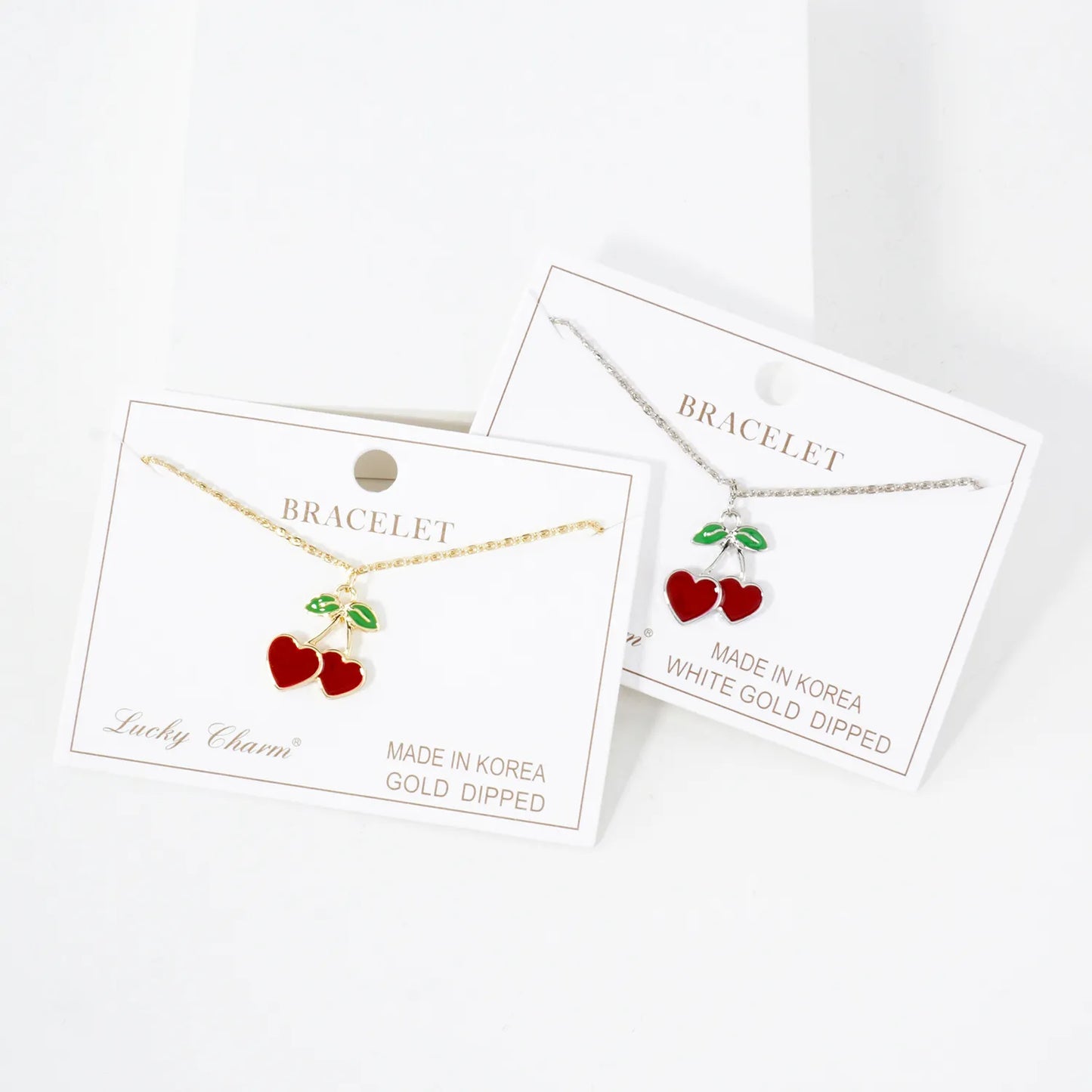 20mm Enamel Heart Cherry Charm 18K-Gold-Dipped Brass Bracelet