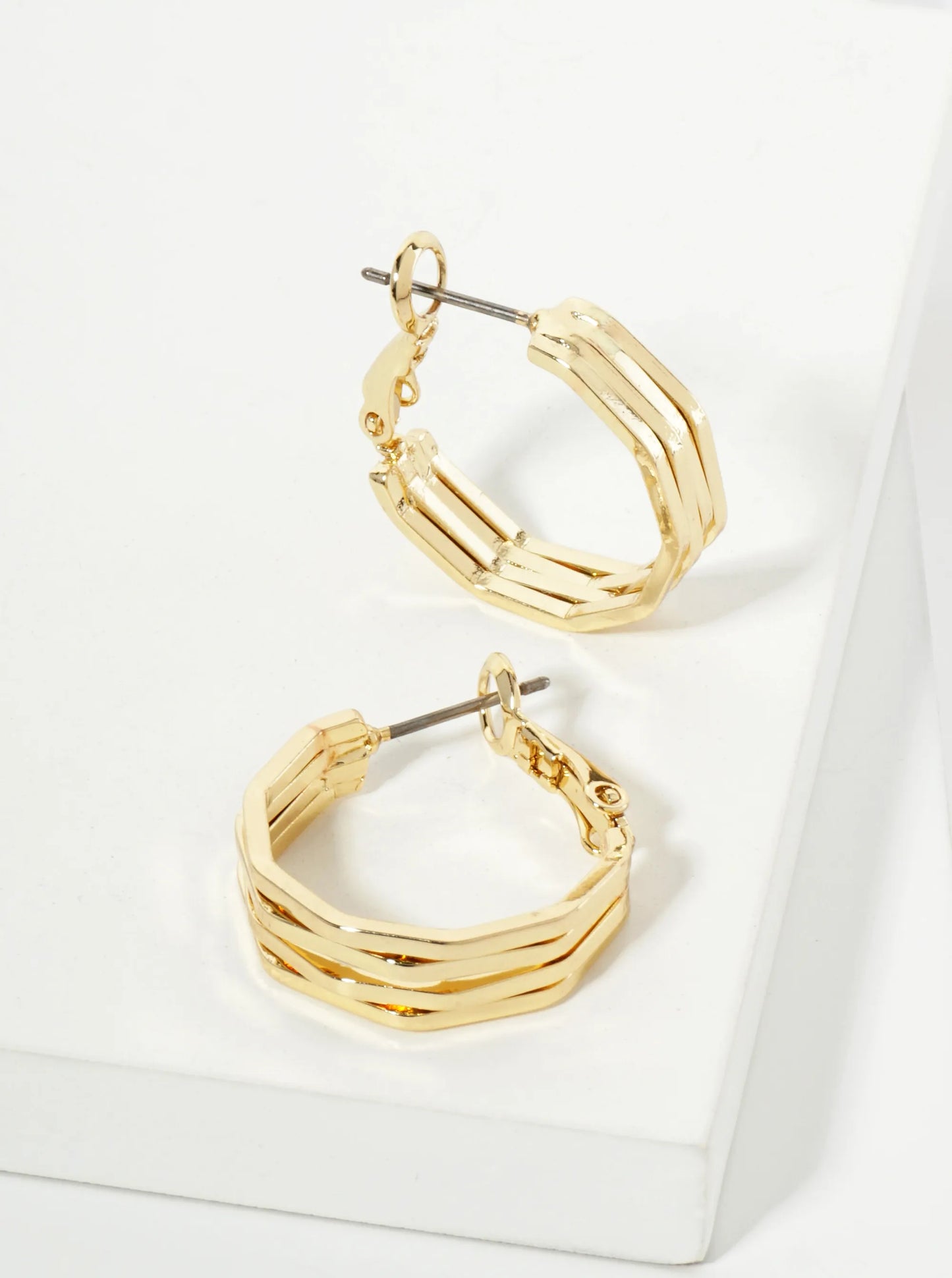 20mm Four Overlapping Octagon 14K-Gold-Dipped Geometric Latch-Back Hoop Earrings