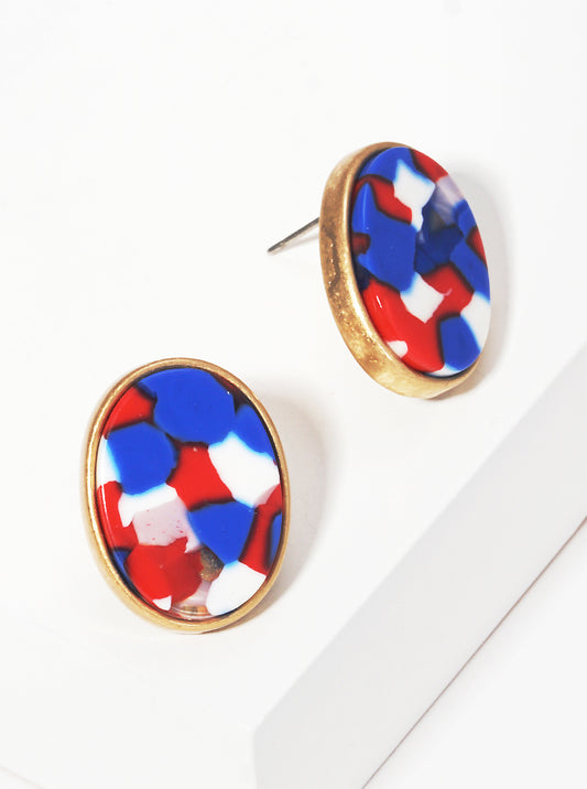 20mm Oval Shaped USA Patriotic Themed Cellulose Acetate Post Stud Earrings