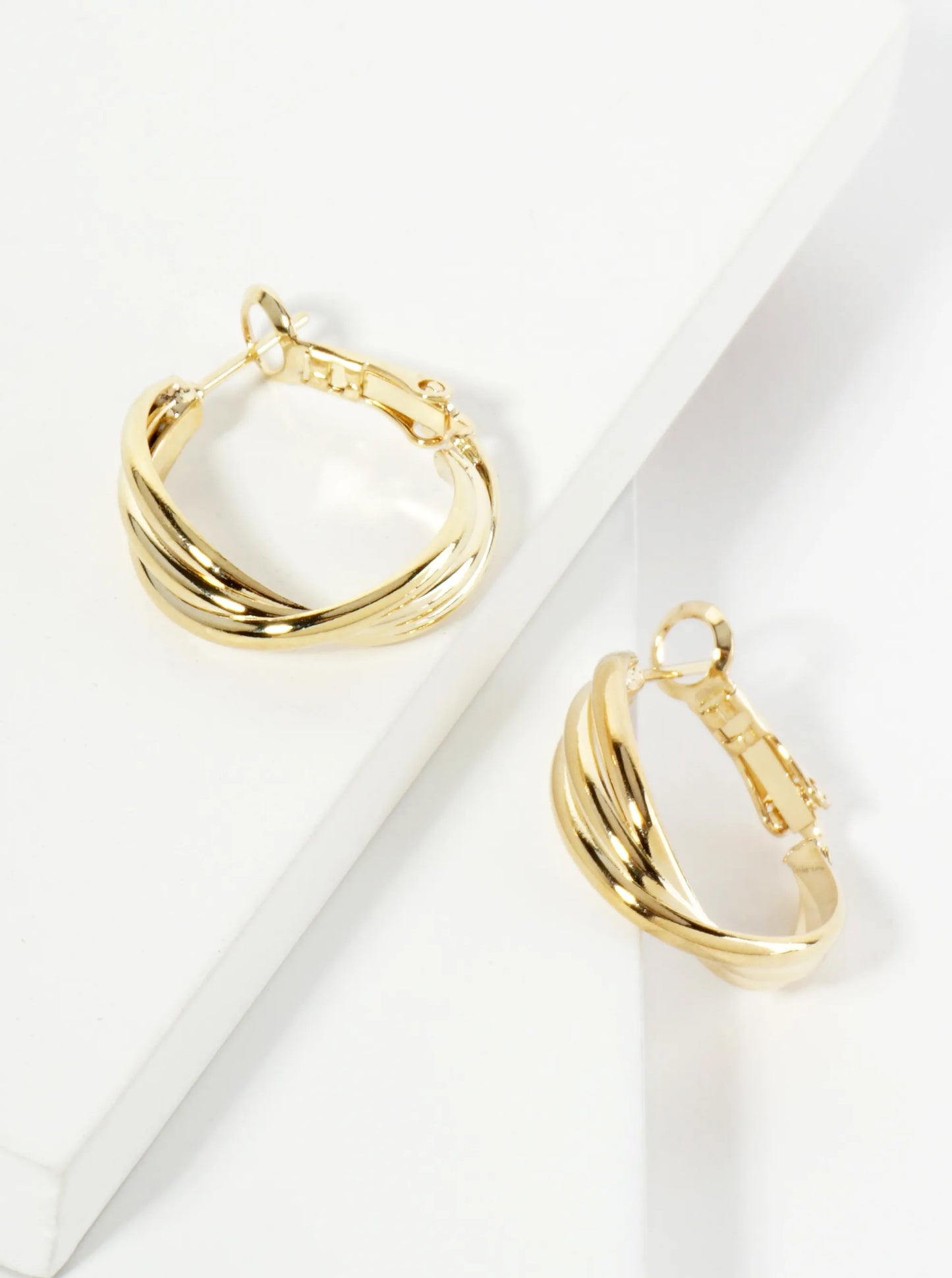 20mm Three Twisted Lines 14K-Gold-Dipped Latch-Back Hoop Earrings