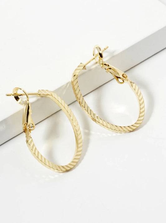 23mm 14K-Gold-Dipped Diagonal-Texture Oval Latch-Back Hoop Earrings
