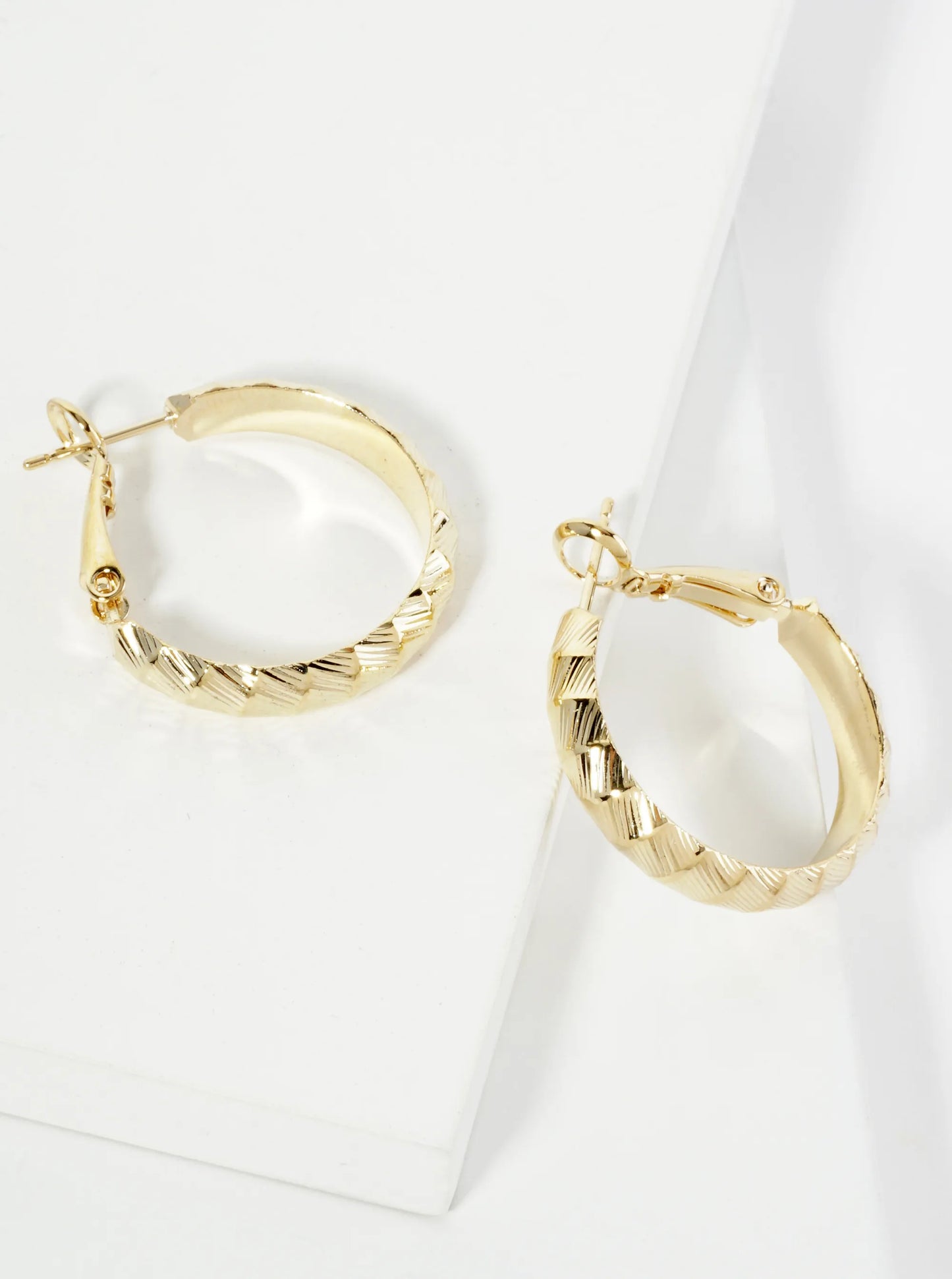25mm 14K-Gold-Dipped Diagonal Textured Metal Latch-Back Hoop Earrings