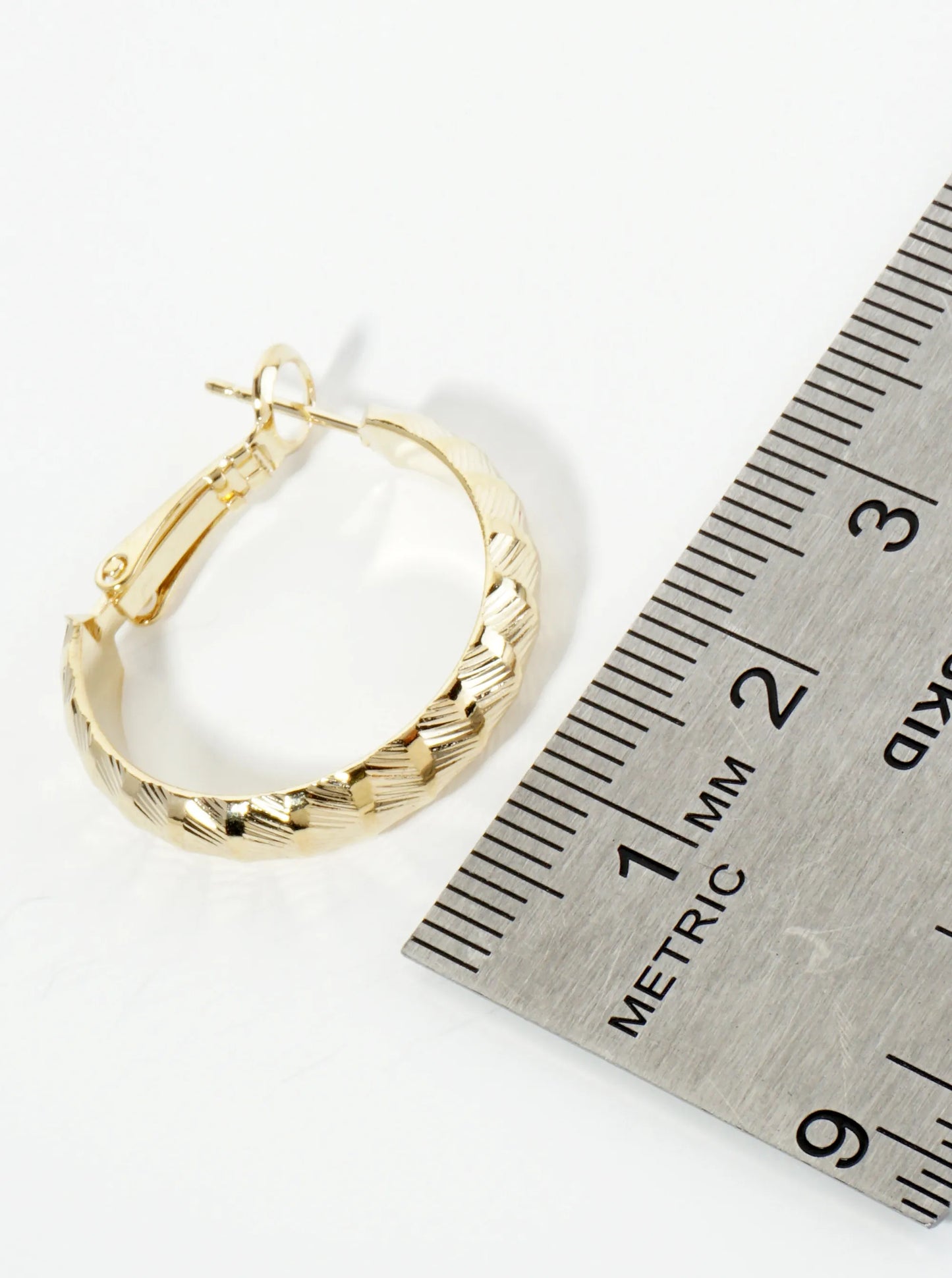 25mm 14K-Gold-Dipped Diagonal Textured Metal Latch-Back Hoop Earrings