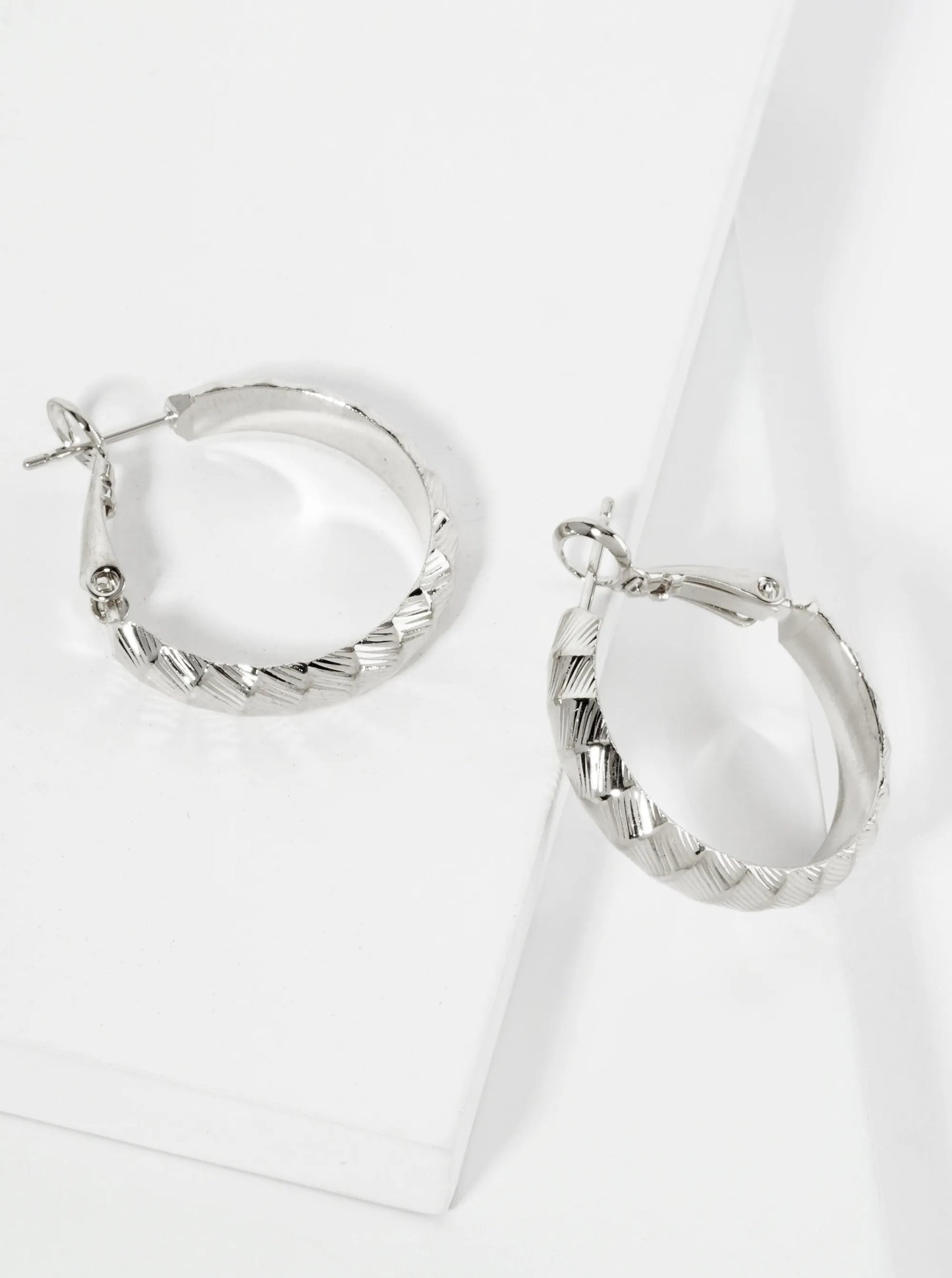 25mm 14K-Gold-Dipped Diagonal Textured Metal Latch-Back Hoop Earrings