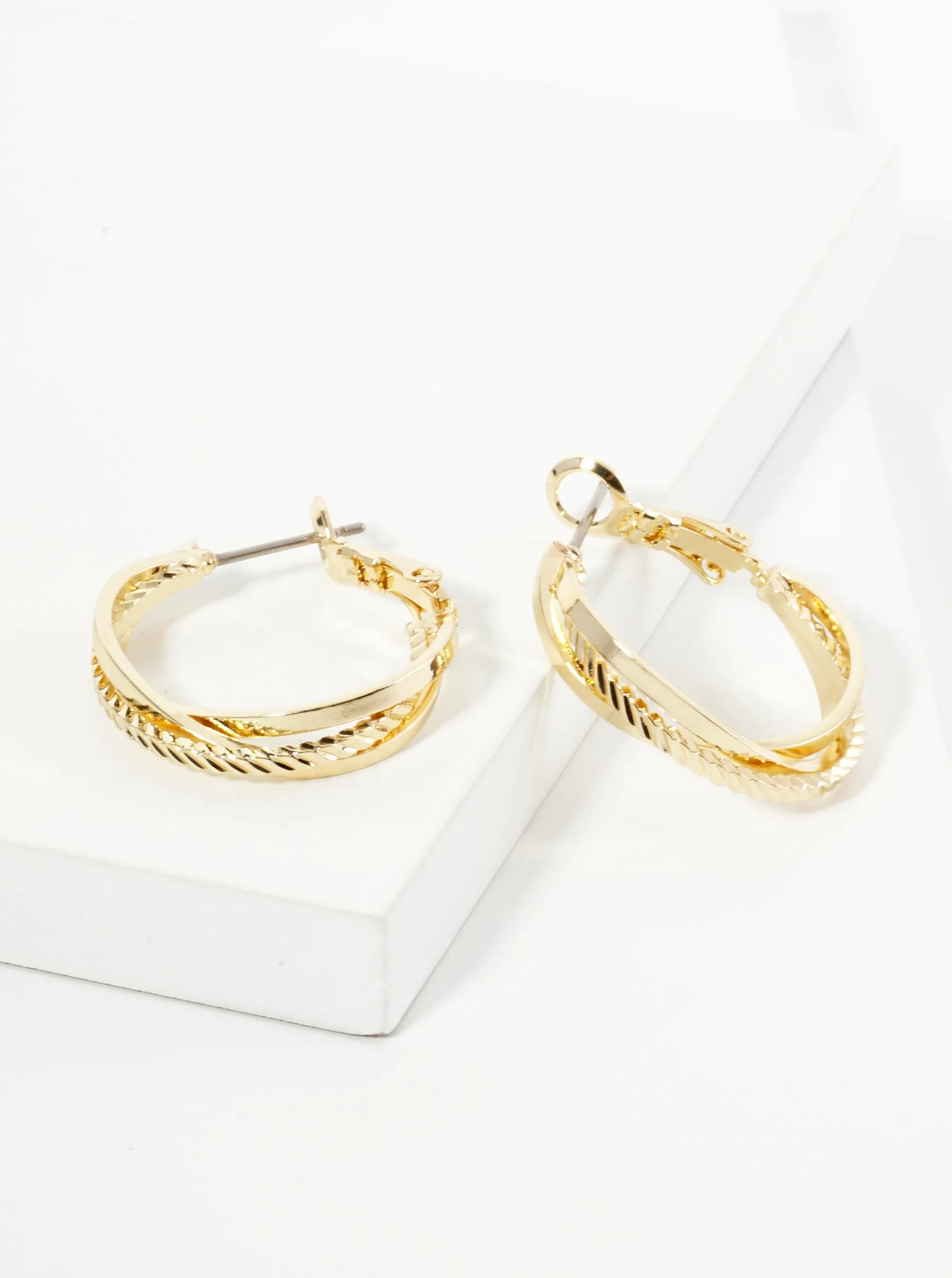 25mm 14K-Gold-Dipped Latch-Back Hoop Earrings With Three Intertwined Textured Lines
