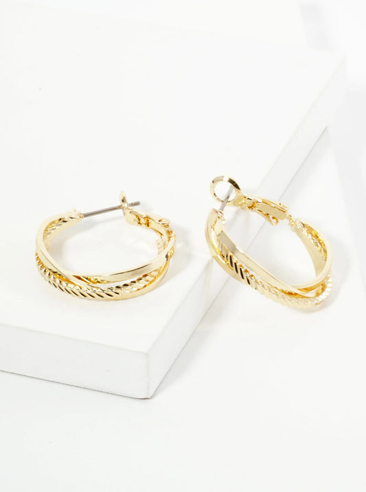 25mm 14K-Gold-Dipped Latch-Back Hoop Earrings With Three Intertwined Textured Lines
