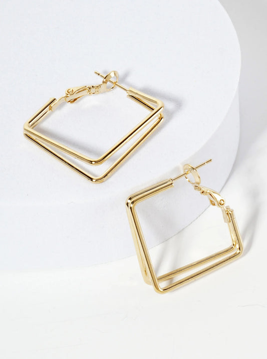 25mm 14K-Gold-Dipped Polished Brass Square-shaped Latch-back Double Hoop Earrings